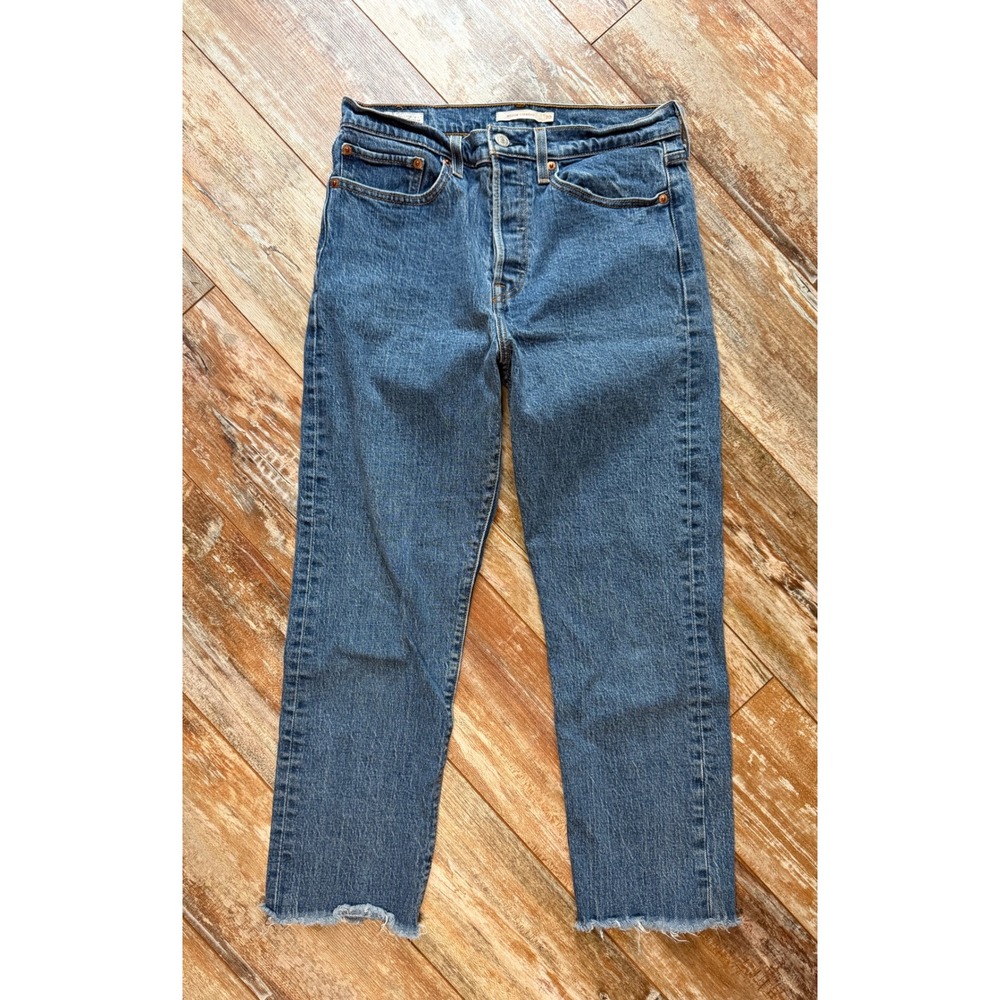 Levis Premium Wedgie Straight Jeans Blue Medium Wash Raw Hem Button Fly 30